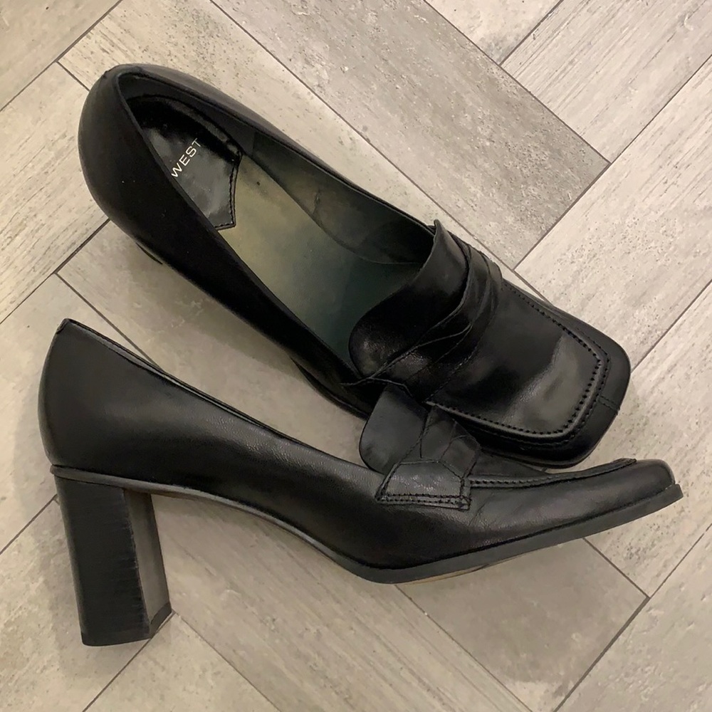 GUC Nine West Sz 7.5 black leather upper “Randilyn” pump high block heel